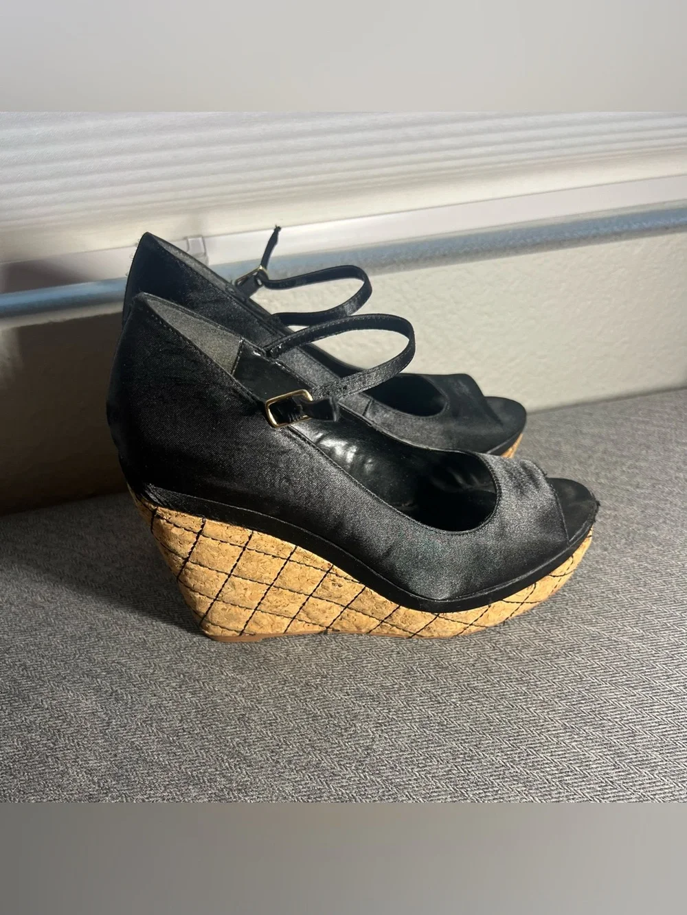 Black Peep-Toe Cork Platform Wedges – Women’s Size 7.5